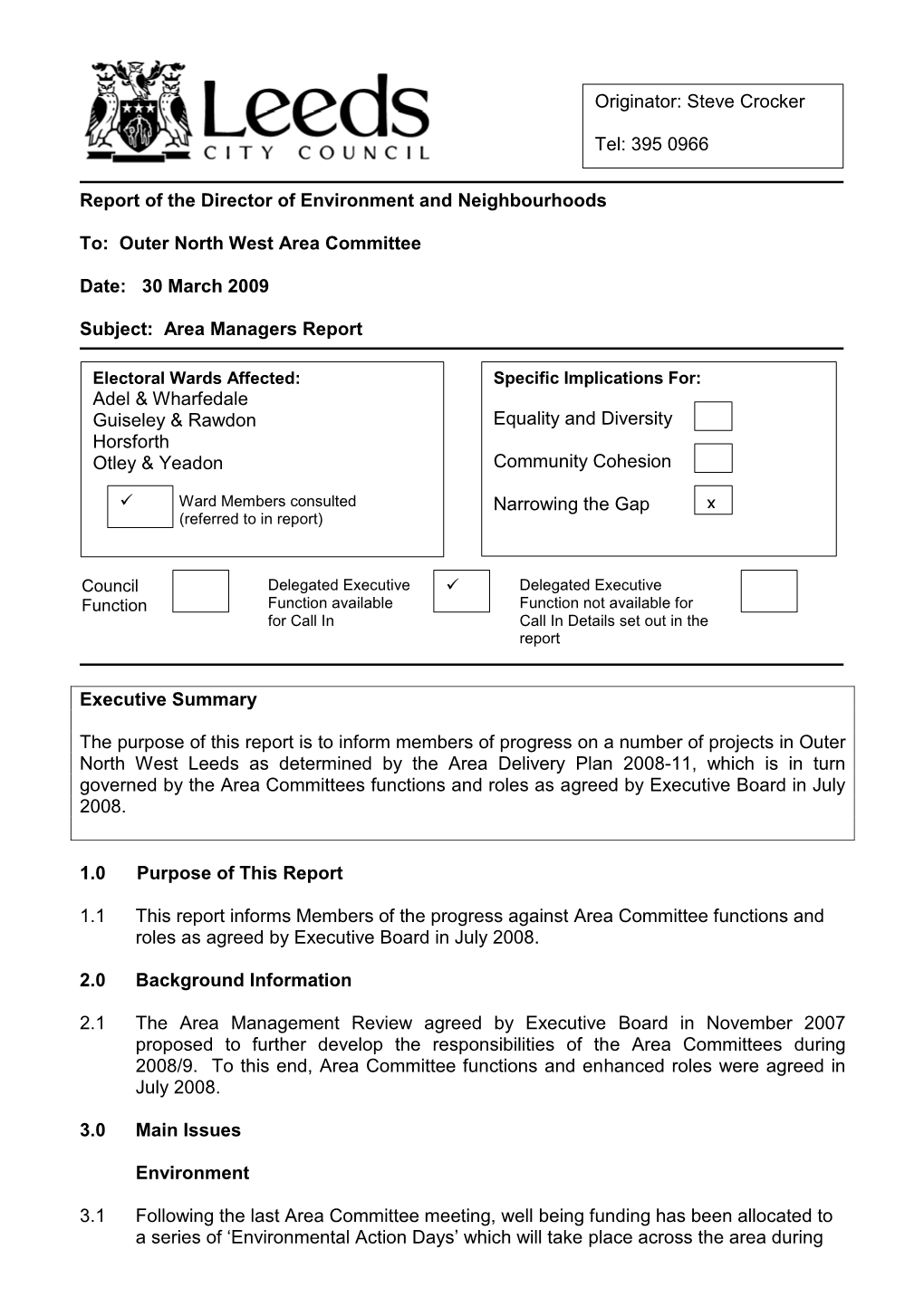 Outer North West Area Committee Date