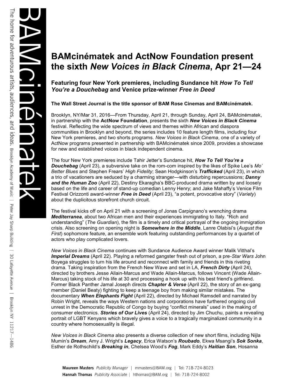Bamcinématek and Actnow Foundation Present the Sixth New Voices in Black Cinema, Apr 21—24