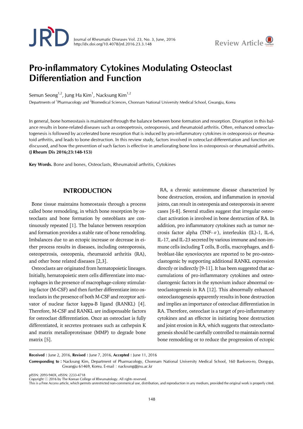 Pro-Inflammatory Cytokines Modulating Osteoclast Differentiation and Function