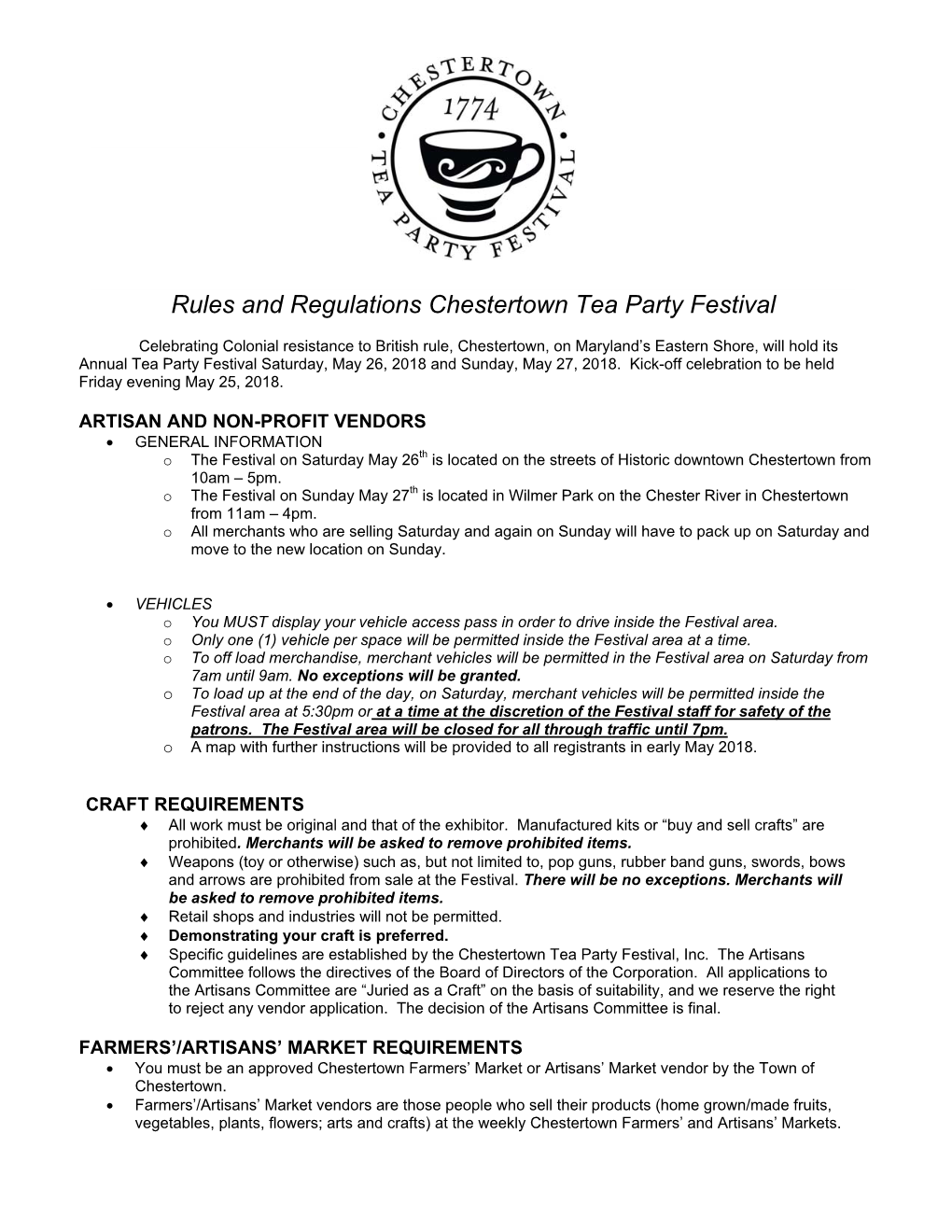 Rules and Regulations Chestertown Tea Party Festival