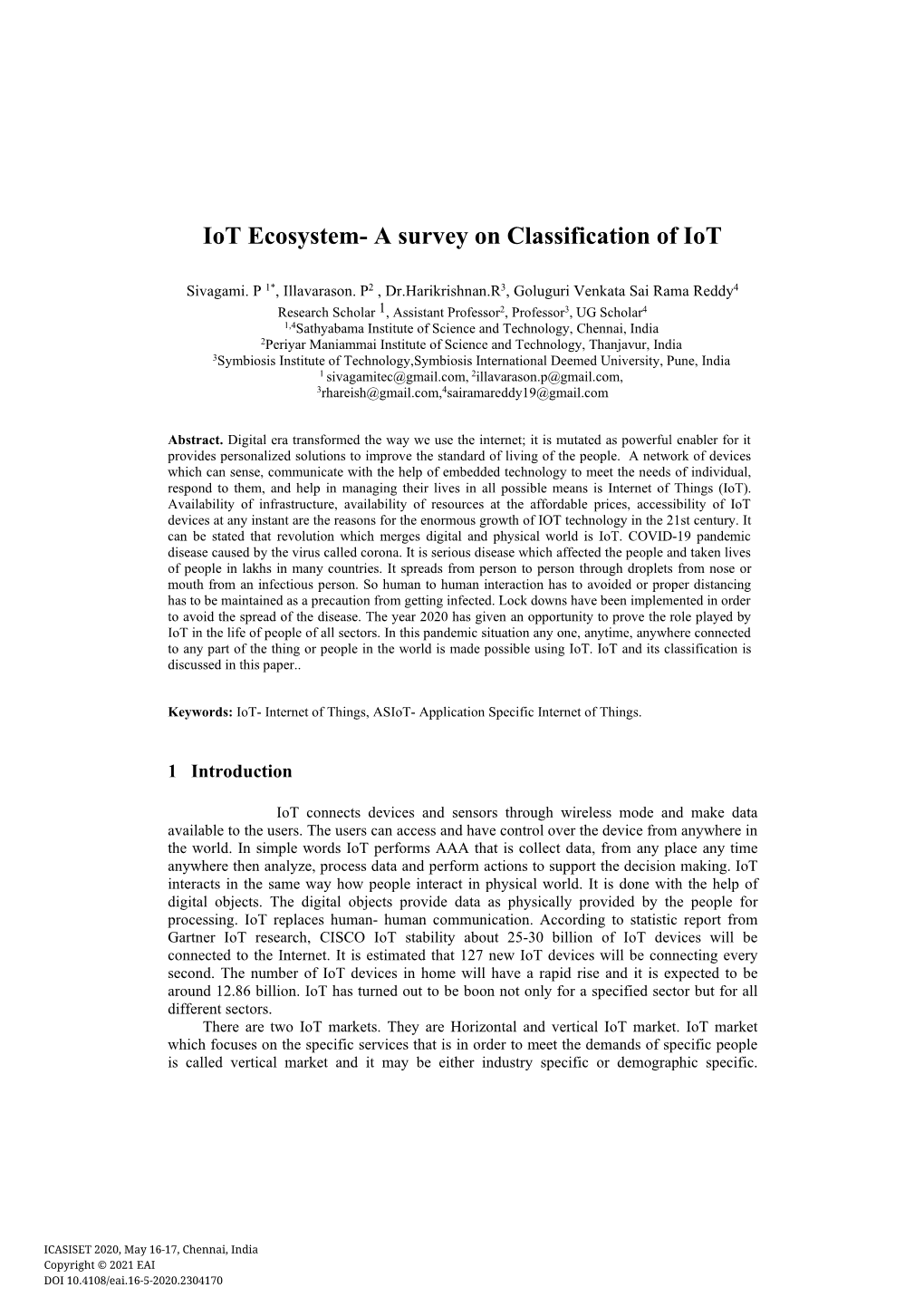 Iot Ecosystem- a Survey on Classification of Iot