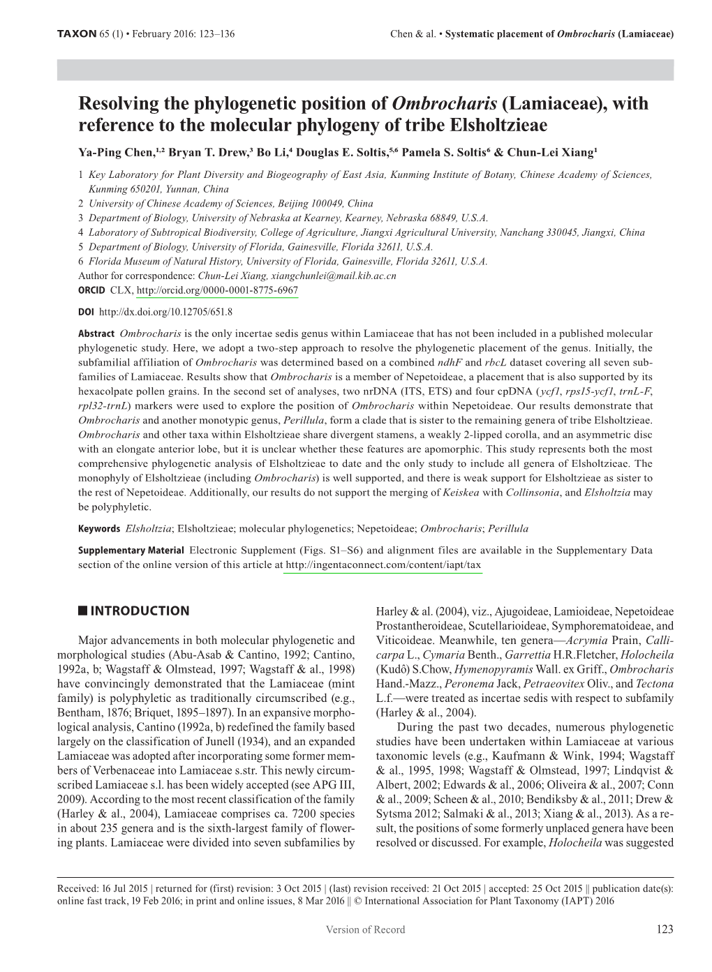 Resolving the Phylogenetic Position of &lt;I&gt;Ombrocharis&lt;/I&gt; (Lamiaceae), with Reference to the Molecular Phylogeny Of