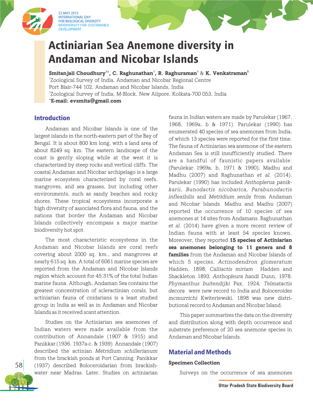Actiniarian Sea Anemone Diversity in Andaman and Nicobar Islands Smitanjali Choudhury1*, C