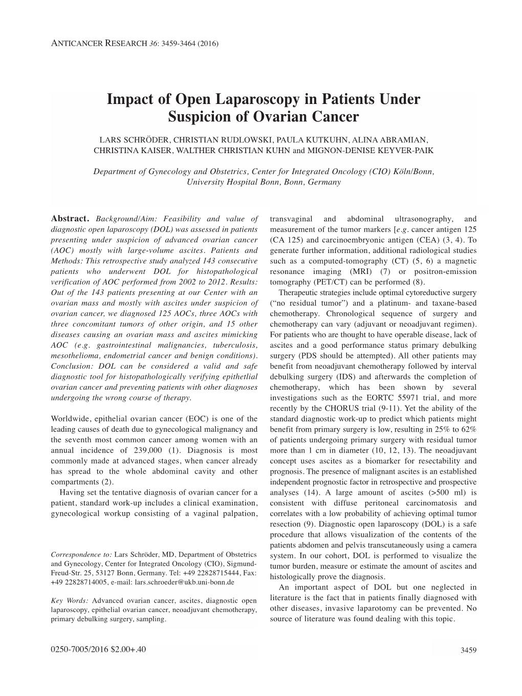 Impact of Open Laparoscopy in Patients Under Suspicion of Ovarian Cancer