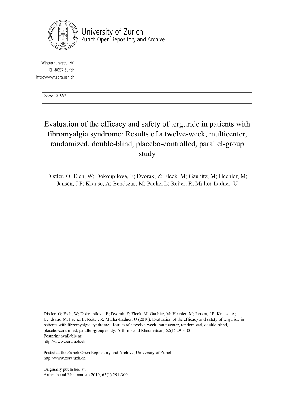 Evaluation of the Efficacy and Safety of Terguride in Patients with Fibromyalgia Syndrome: Results