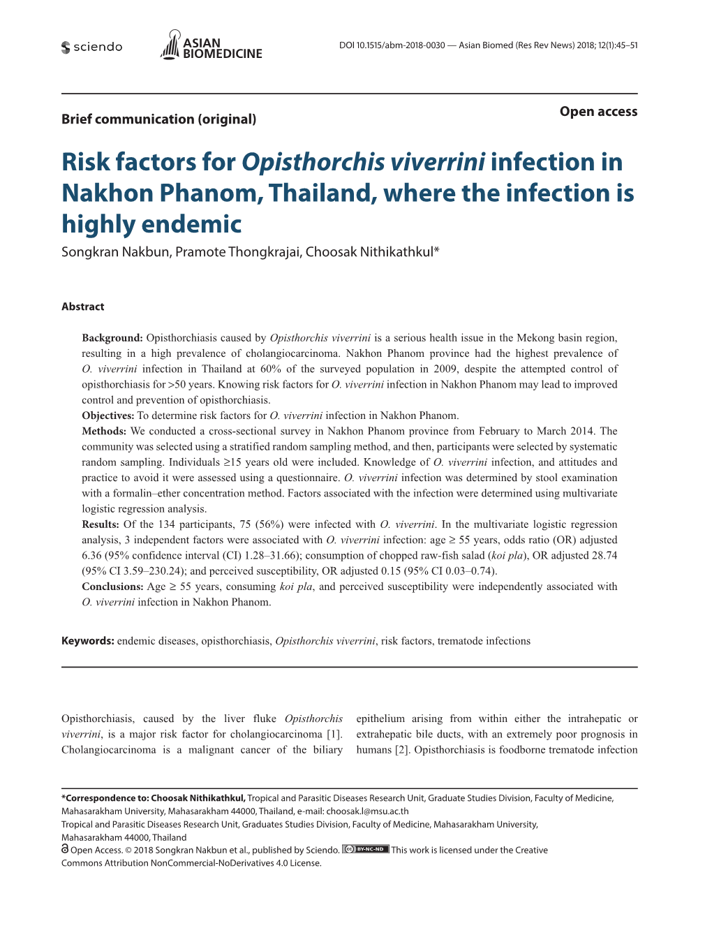 Risk Factors for Opisthorchis Viverrini Infection in Nakhon Phanom