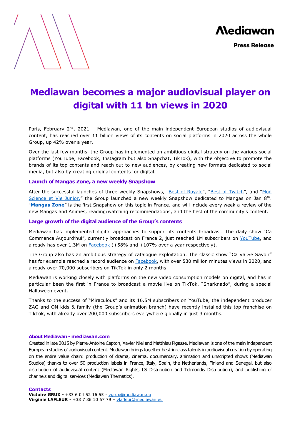 Mediawan Becomes a Major Audiovisual Player on Digital with 11 Bn Views in 2020