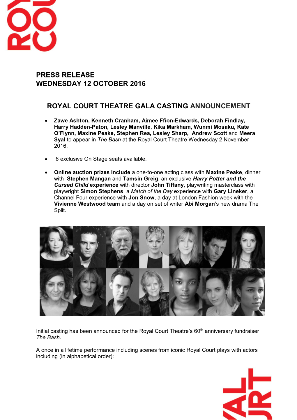 Press Release Wednesday 12 October 2016 Royal Court