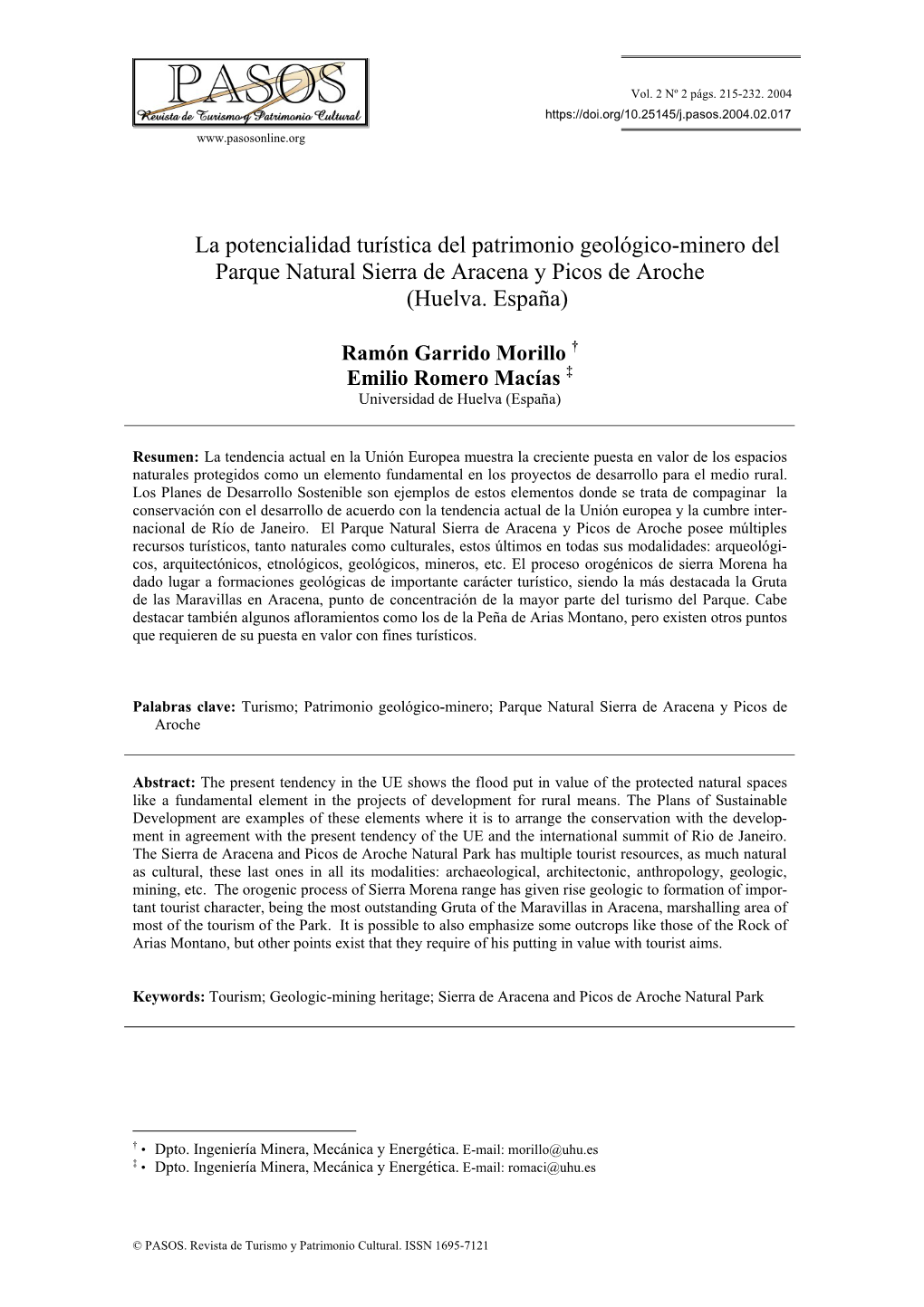 La Potencialidad Turística Del Patrimonio Geológico-Minero Del Parque Natural Sierra De Aracena Y Picos De Aroche (Huelva