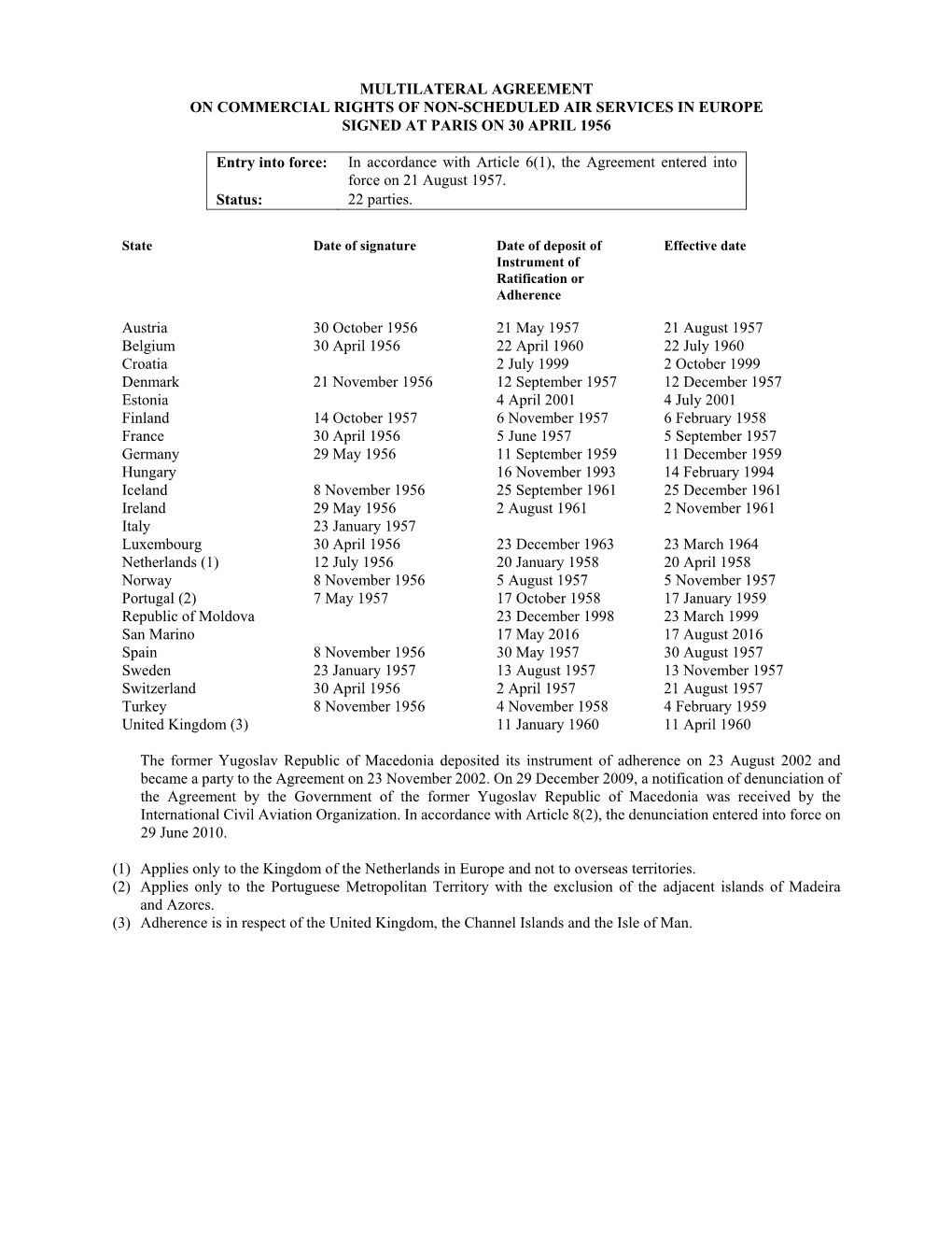 Multilateral Agreement on Commercial Rights of Non-Scheduled Air Services in Europe Signed at Paris on 30 April 1956