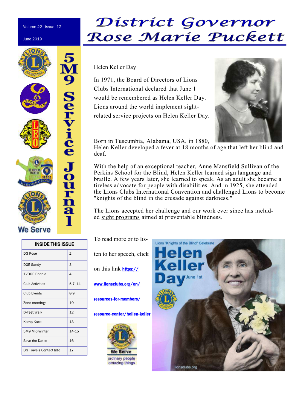 Helen Keller Day in 1971, the Board of Directors of Lions Clubs