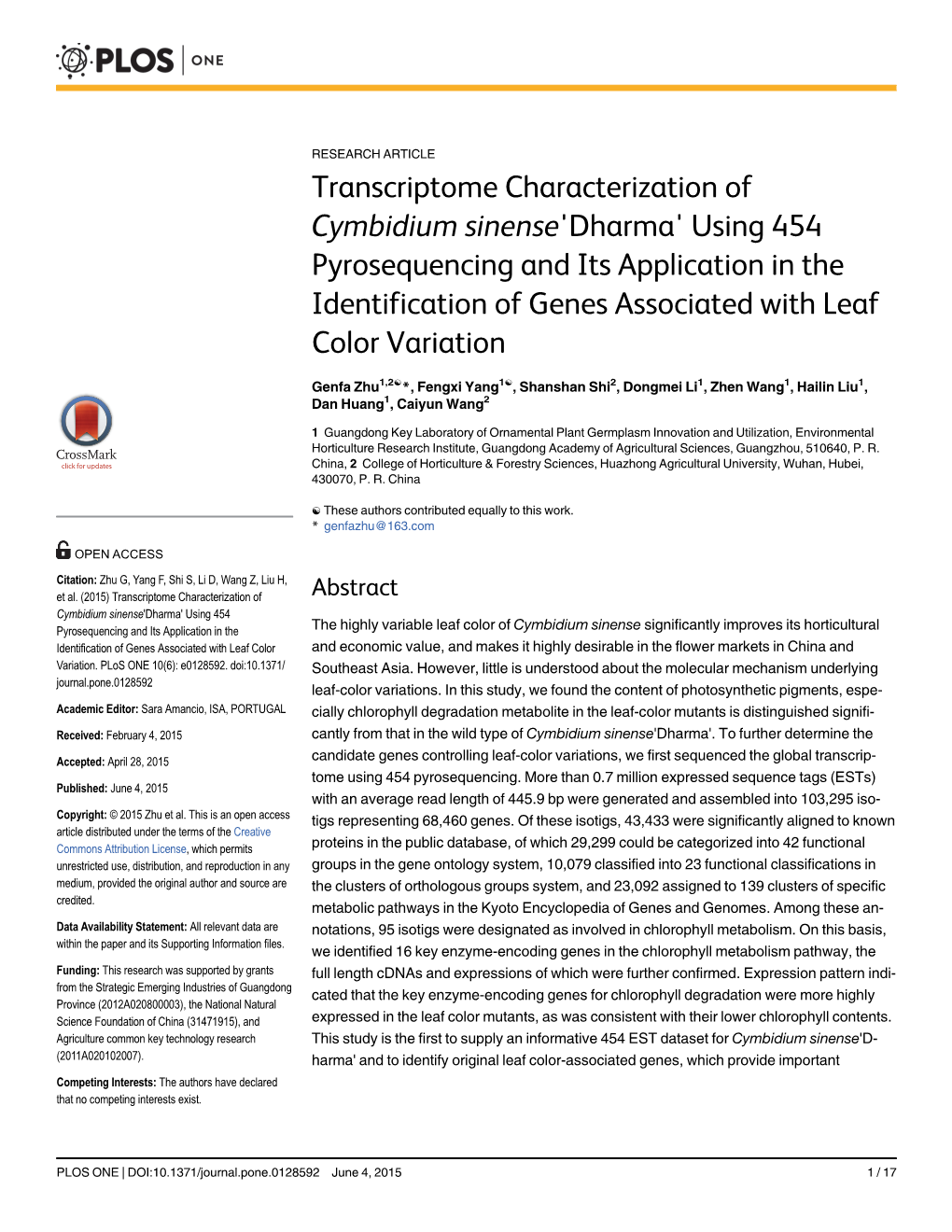 Transcriptome Characterization of Cymbidium Sinense'dharma'using