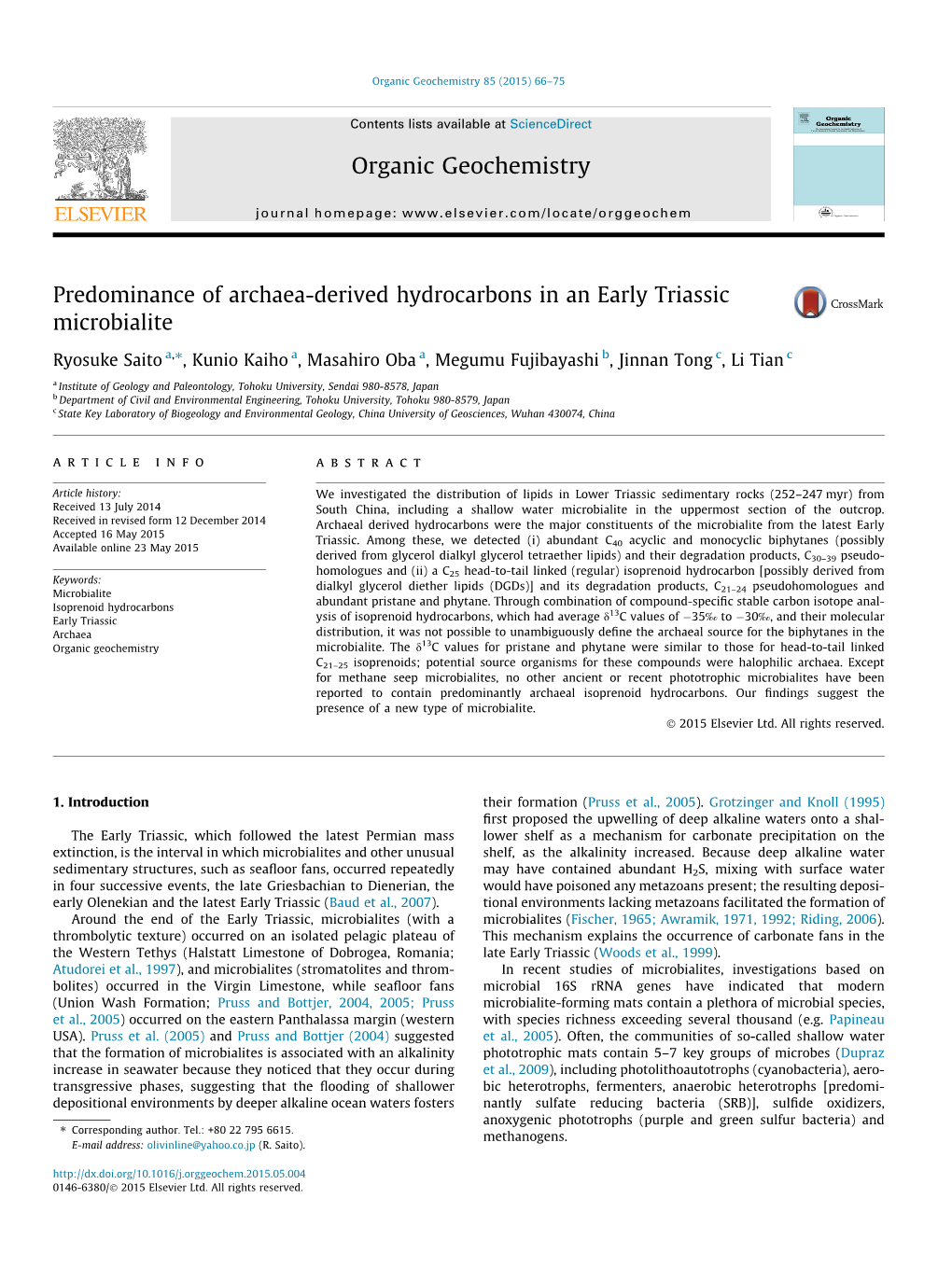 Organic Geochemistry 85 (2015) 66–75