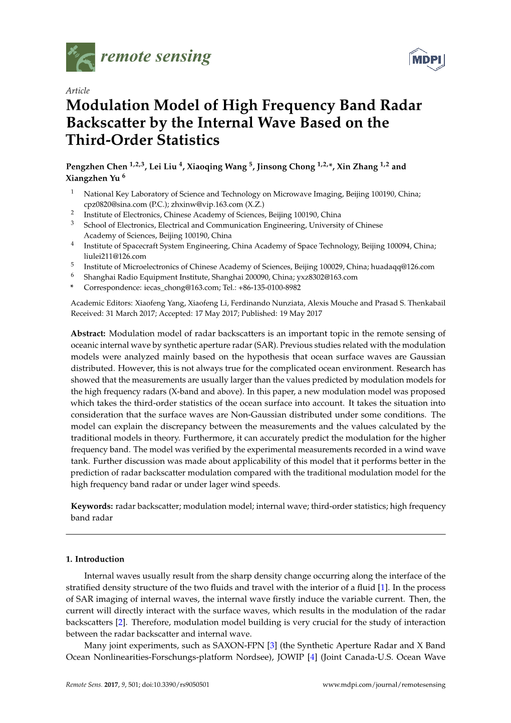 Modulation Model of High Frequency Band Radar Backscatter by the Internal Wave Based on the Third-Order Statistics