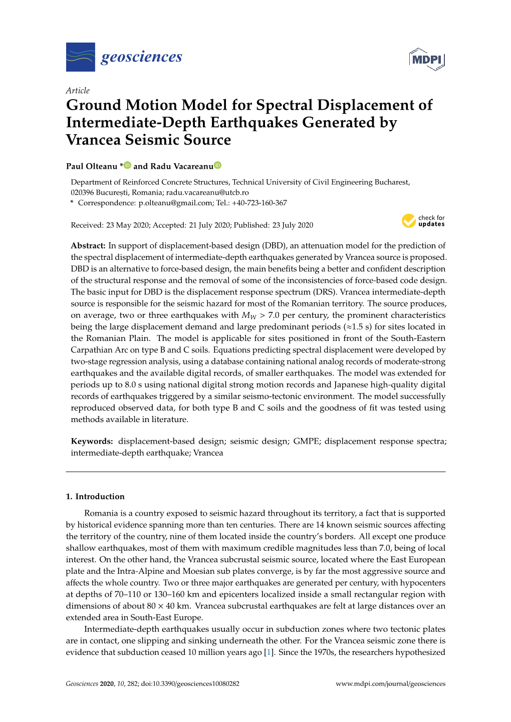 Ground Motion Model for Spectral Displacement of Intermediate-Depth Earthquakes Generated by Vrancea Seismic Source
