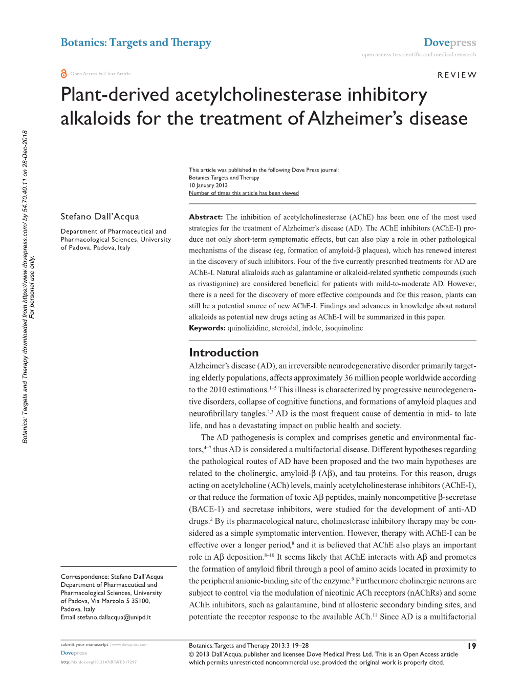 Plant-Derived Acetylcholinesterase Inhibitory Alkaloids for the Treatment of Alzheimer's Disease