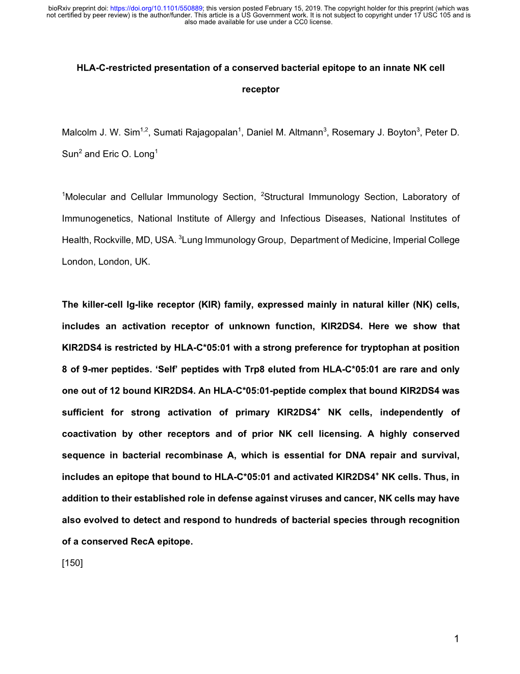 HLA-C-Restricted Presentation of a Conserved Bacterial Epitope to an Innate NK Cell