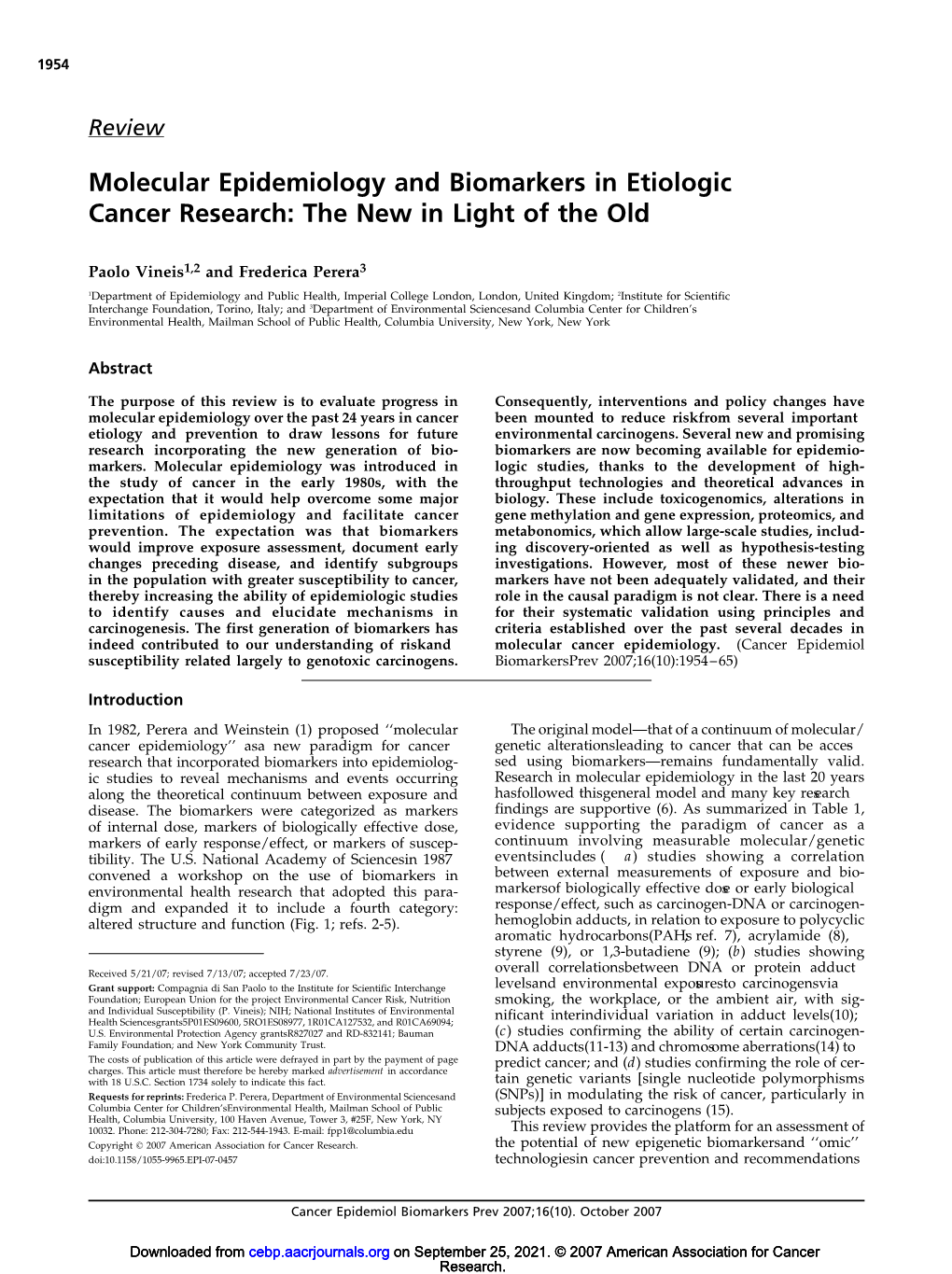 Molecular Epidemiology and Biomarkers in Etiologic Cancer Research: the New in Light of the Old