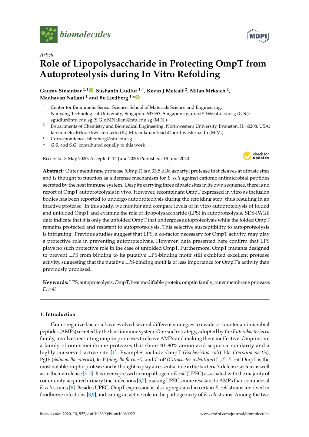 Role of Lipopolysaccharide in Protecting Ompt from Autoproteolysis During in Vitro Refolding