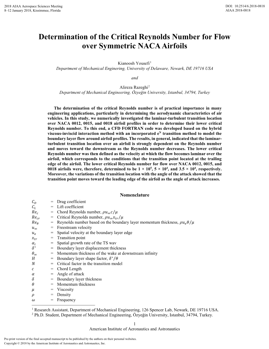 Determination of the Critical Reynolds Number for Flow Over Symmetric NACA Airfoils