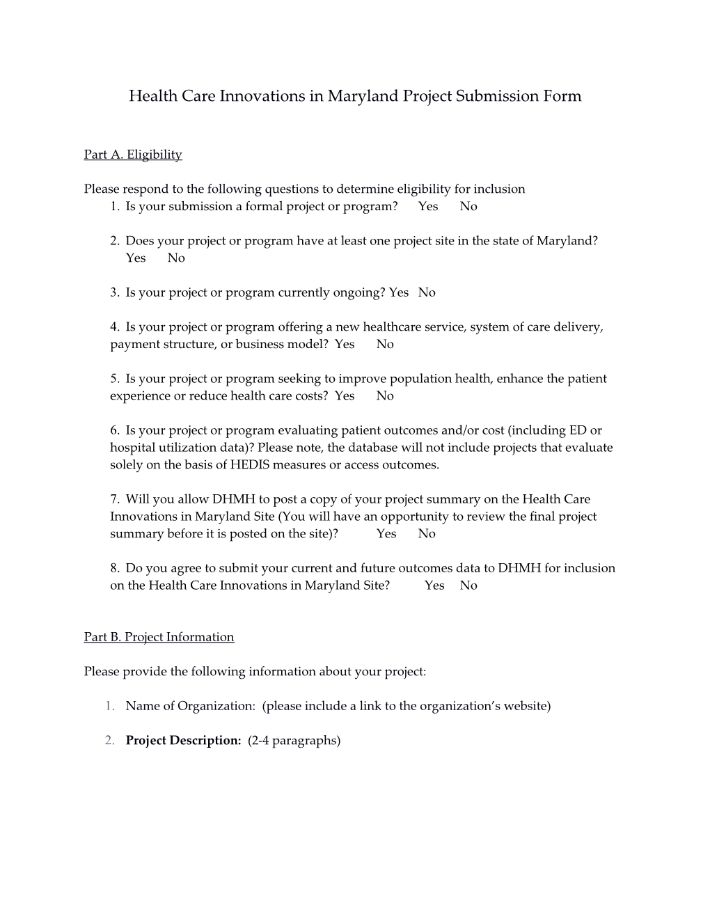 Health Care Innovations in Maryland Project Submission Form