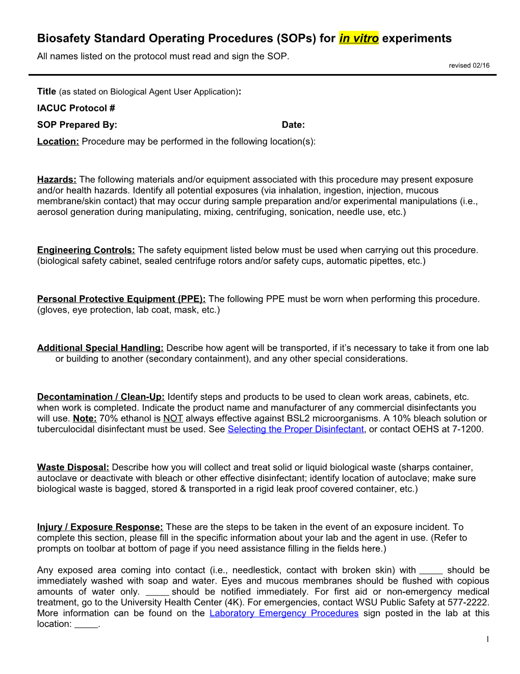 LABORATORY SPECIFIC STANDARD OPERATING PROCEDURES (Sops)