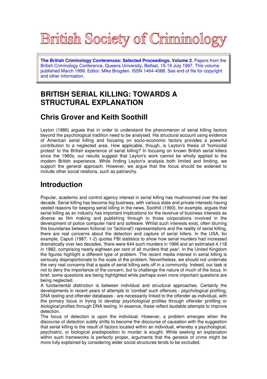 British Serial Killing: Towards a Structural Explanation