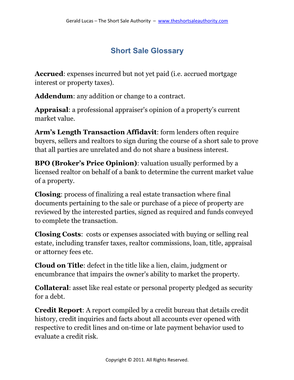 Short Sale Glossary