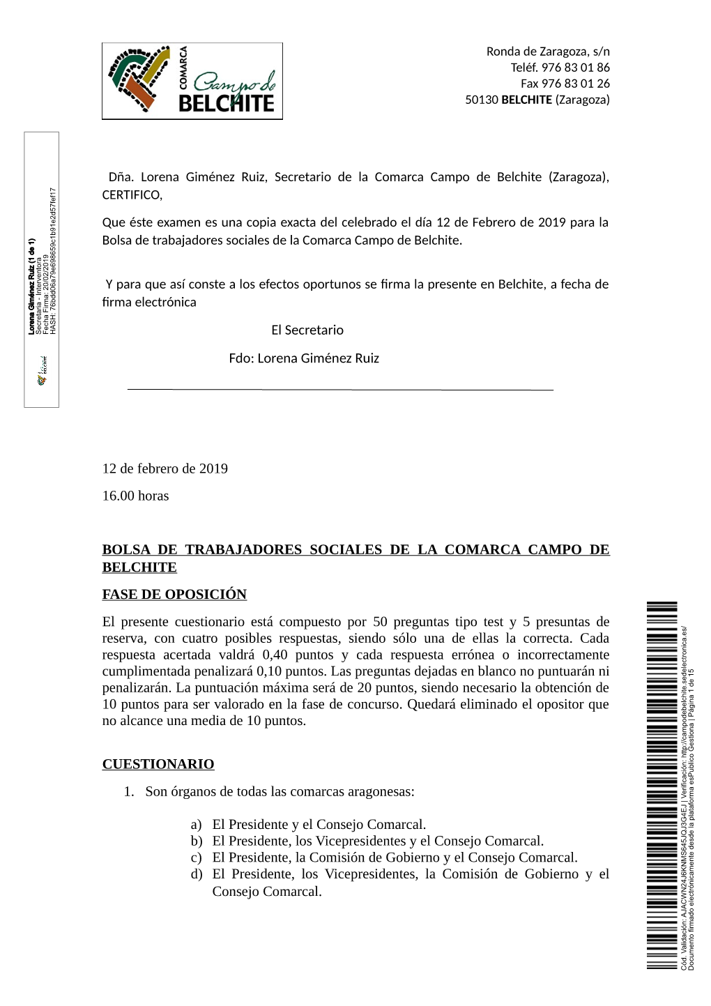 Examen Es Una Copia Exacta Del Celebrado El Día 12 De Febrero De 2019 Para La Bolsa De Trabajadores Sociales De La Comarca Campo De Belchite