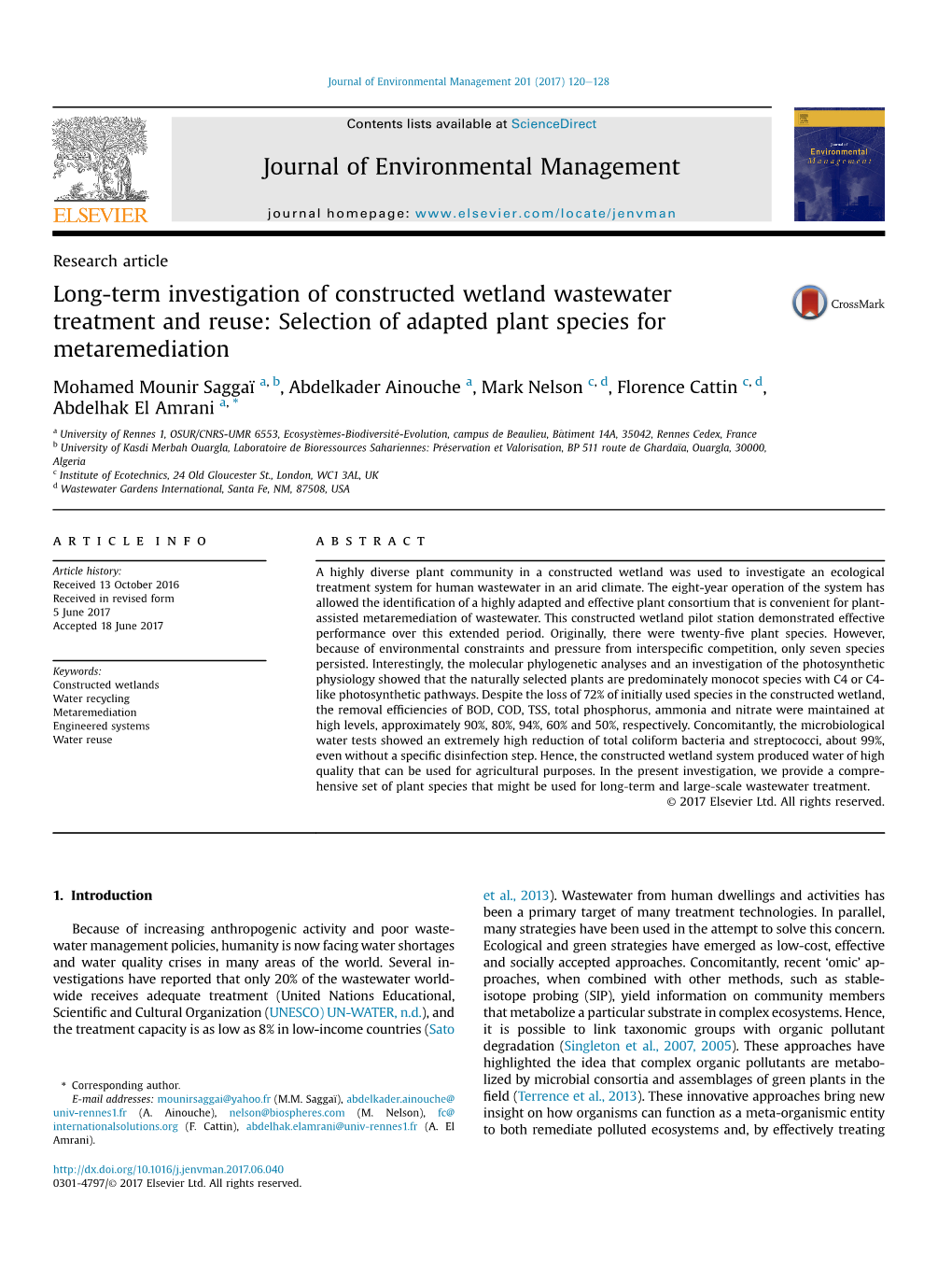 Long-Term Investigation of Constructed Wetland Wastewater Treatment and Reuse: Selection of Adapted Plant Species for Metaremediation