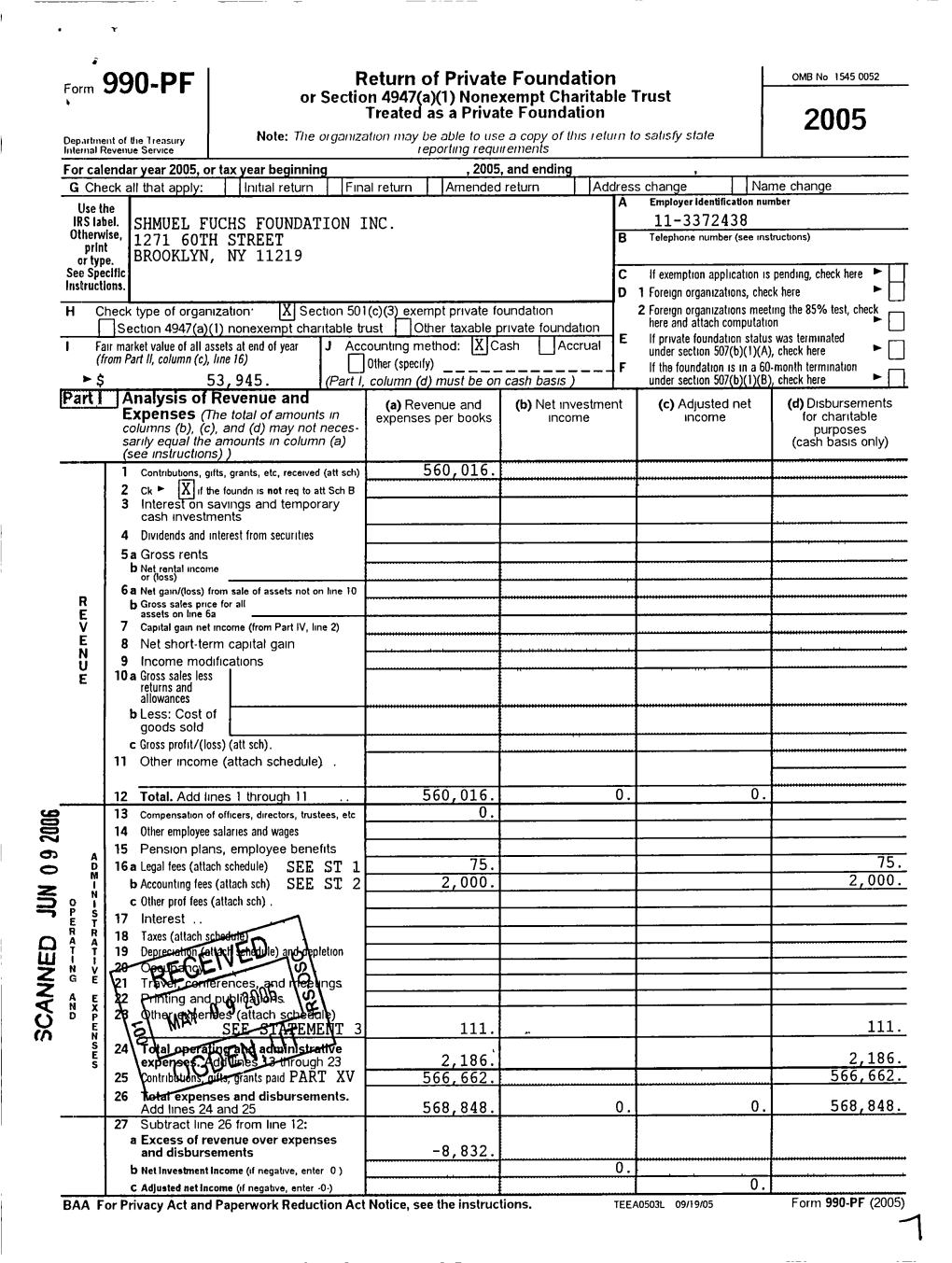 Form 990-PF 2005 SHMUEL FUCHS FOUNDATION INC