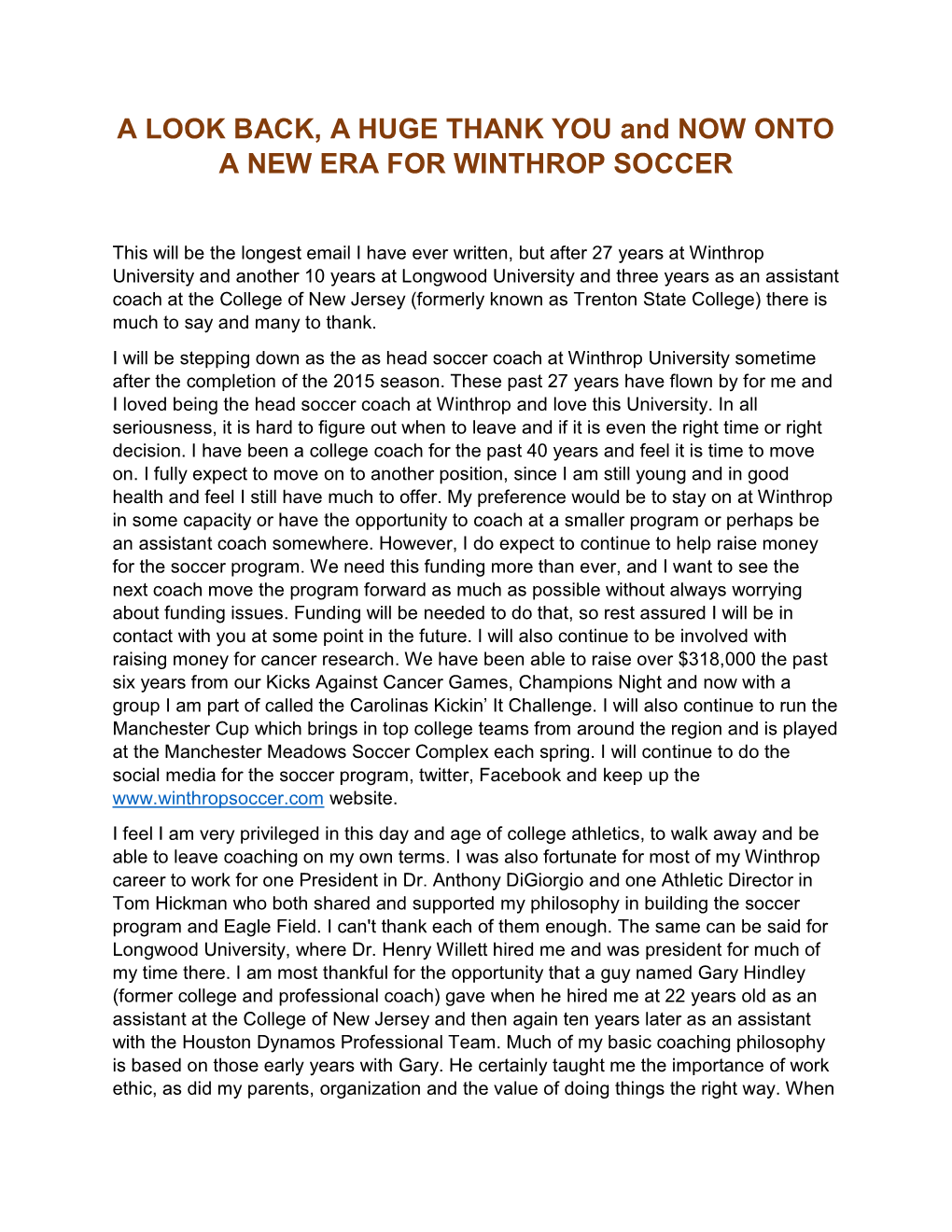 A LOOK BACK, a HUGE THANK YOU and NOW ONTO a NEW ERA for WINTHROP SOCCER