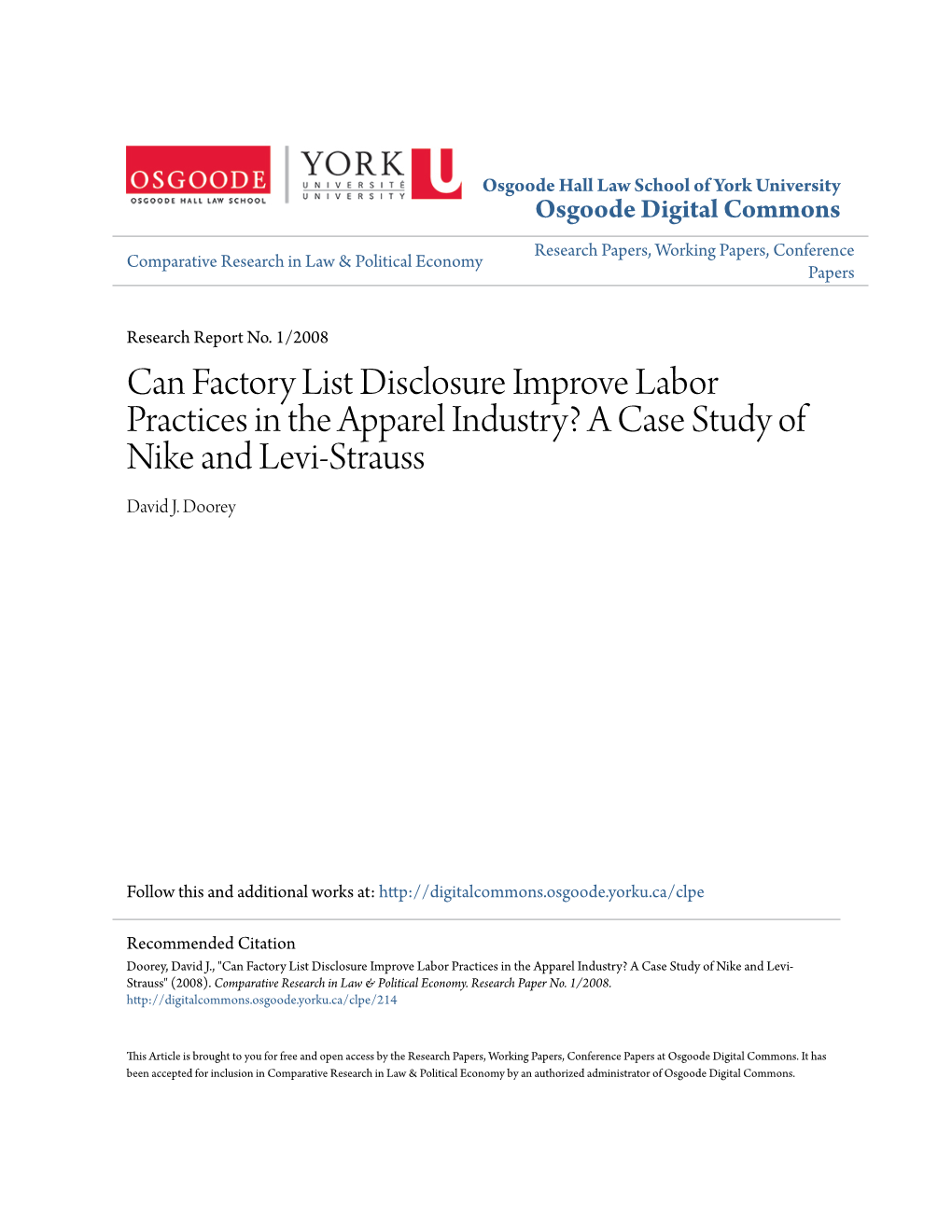 Can Factory List Disclosure Improve Labor Practices in the Apparel Industry? a Case Study of Nike and Levi-Strauss David J