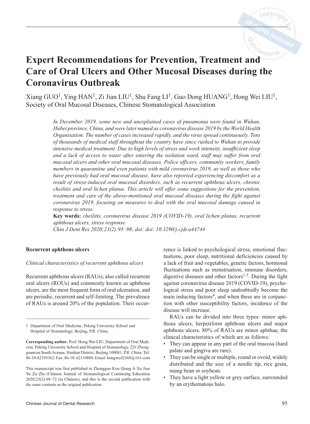 Expert Recommendations for Prevention, Treatment and Care of Oral Ulcers and Other Mucosal Diseases During the Coronavirus Outbreak
