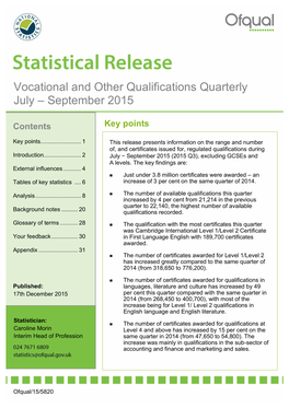 Vocational and Other Qualifications Quarterly July – September 2015