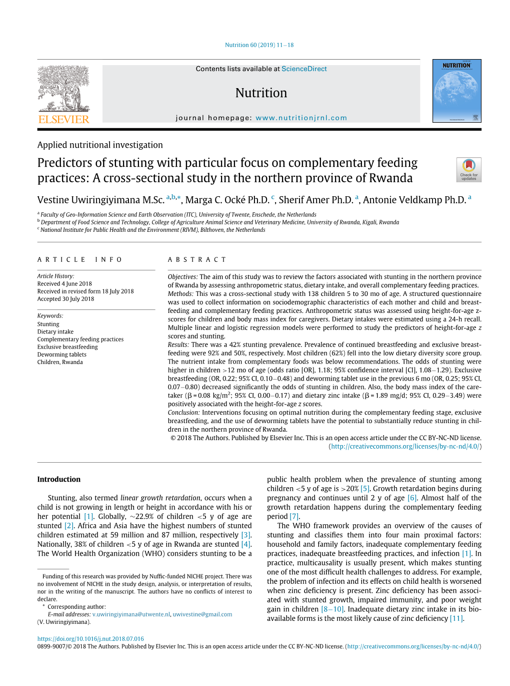 Predictors of Stunting with Particular Focus on Complementary Feeding Practices: a Cross-Sectional Study in the Northern Province of Rwanda