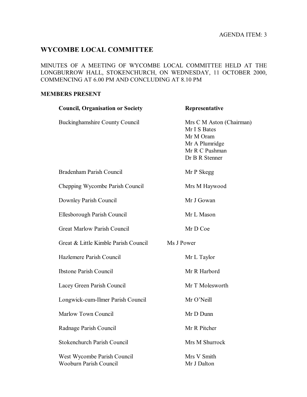 Wycombe Local Committee Minutes 11 October 2000