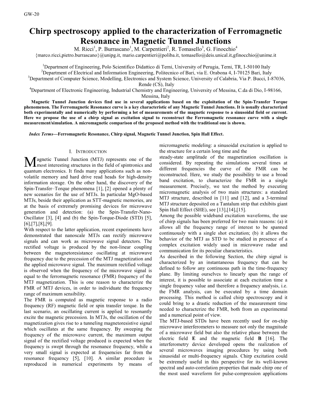 Chirp Spectroscopy Applied to the Characterization of Ferromagnetic Resonance in Magnetic Tunnel Junctions M