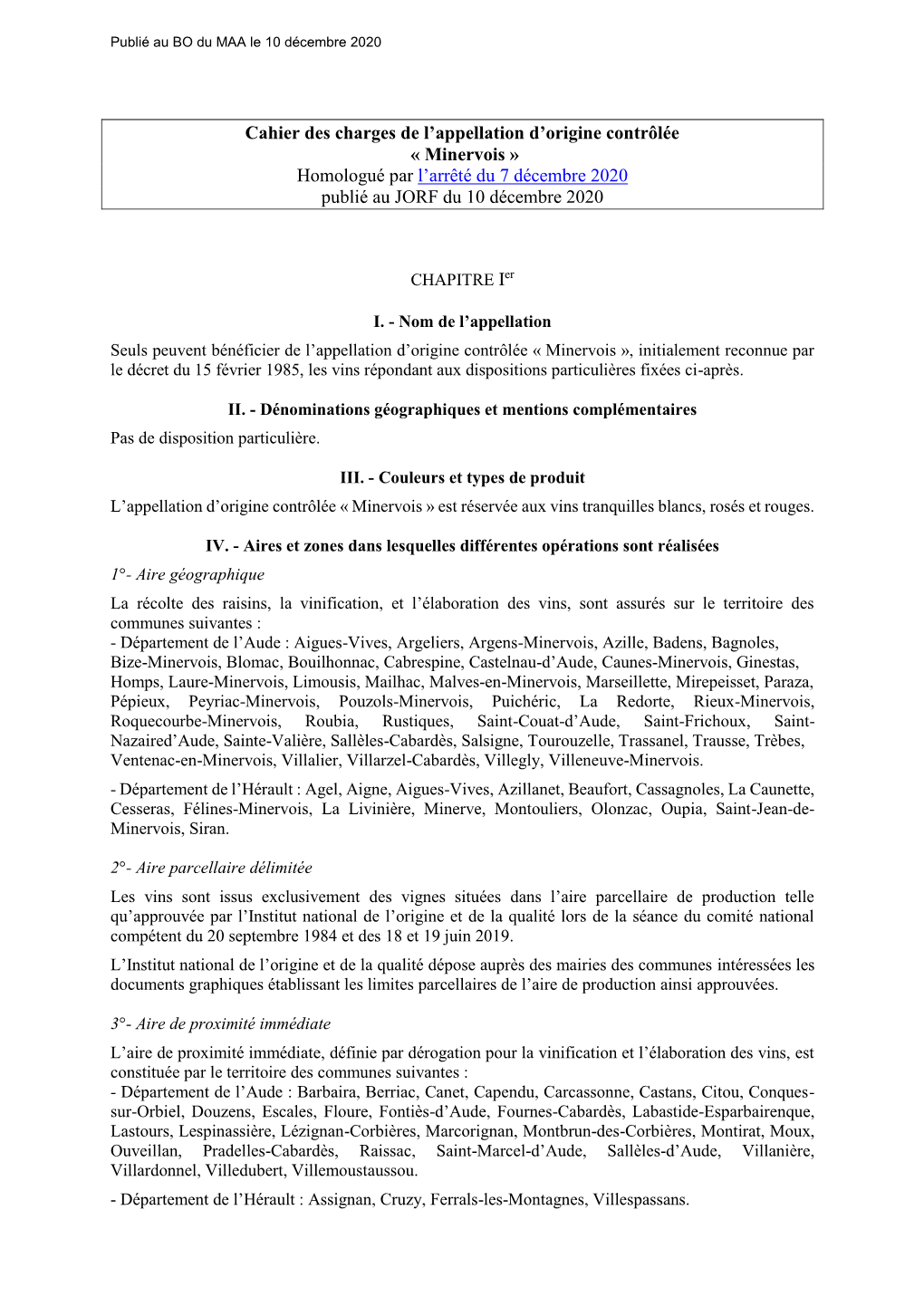 Cahier Des Charges De L'appellation D'origine Contrôlée « Minervois