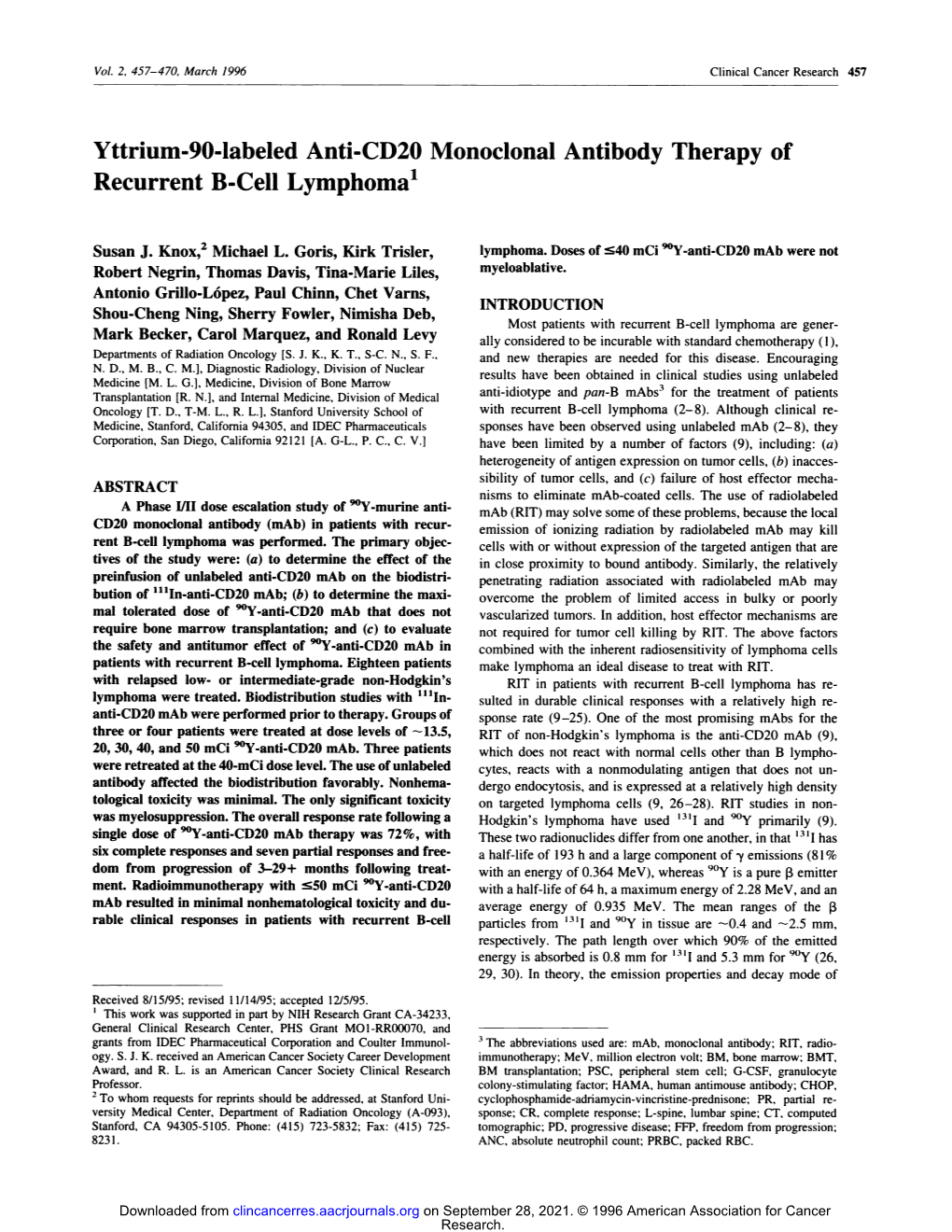 Yttrium-90-Labeled Anti-CD2O Monoclonal Antibody Therapy of Recurrent B-Cell Lymphoma’