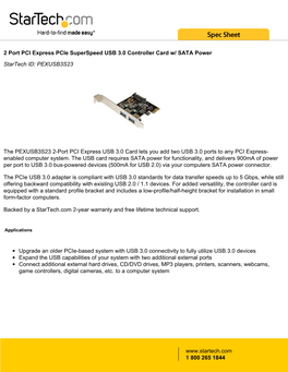 2 Port PCI Express Pcie Superspeed USB 3.0 Controller Card W/ SATA Power Startech ID: PEXUSB3S23
