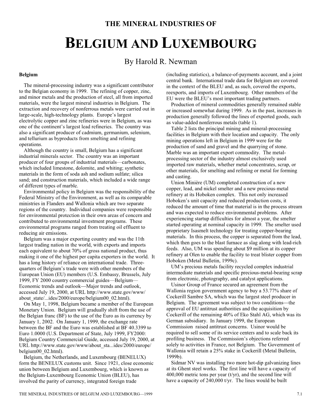 The Mineral Industries of Belgium and Luxembourg in 1999