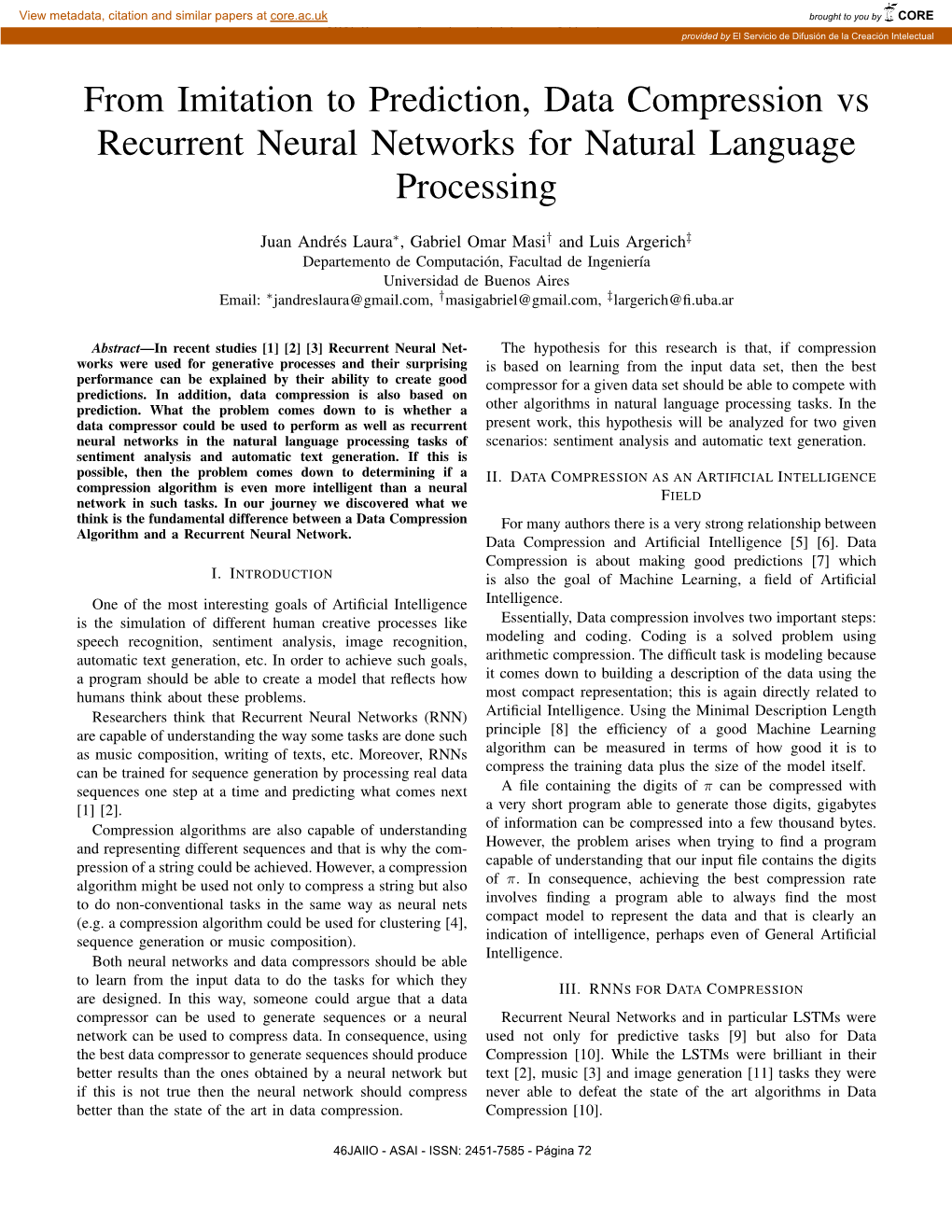 From Imitation to Prediction, Data Compression Vs Recurrent Neural Networks for Natural Language Processing