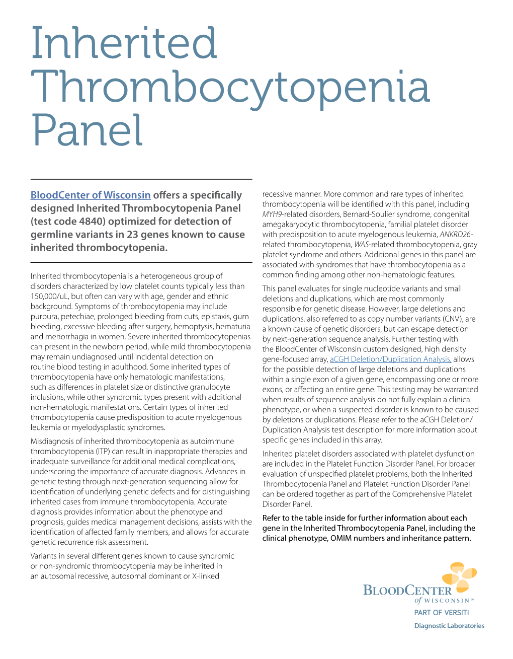Inherited Thrombocytopenia Panel Thrombocytopenia Will Be Identified with This Panel, Including Aug; 43(8): 732–734