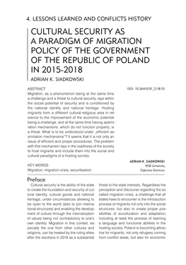 Cultural Security As a Paradigm of Migration Policy of the Government of the Republic of Poland in 2015-2018 Adrian K