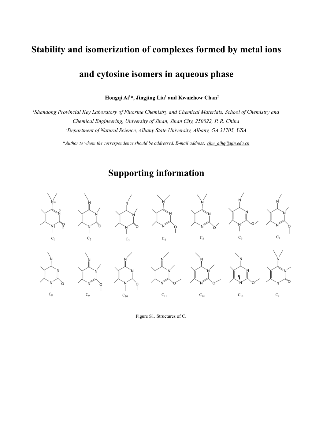 Stability of Complexes Formed by Metal Ions (Na+ K+ Ca2+ Mg2+) and Cytosine Isomers