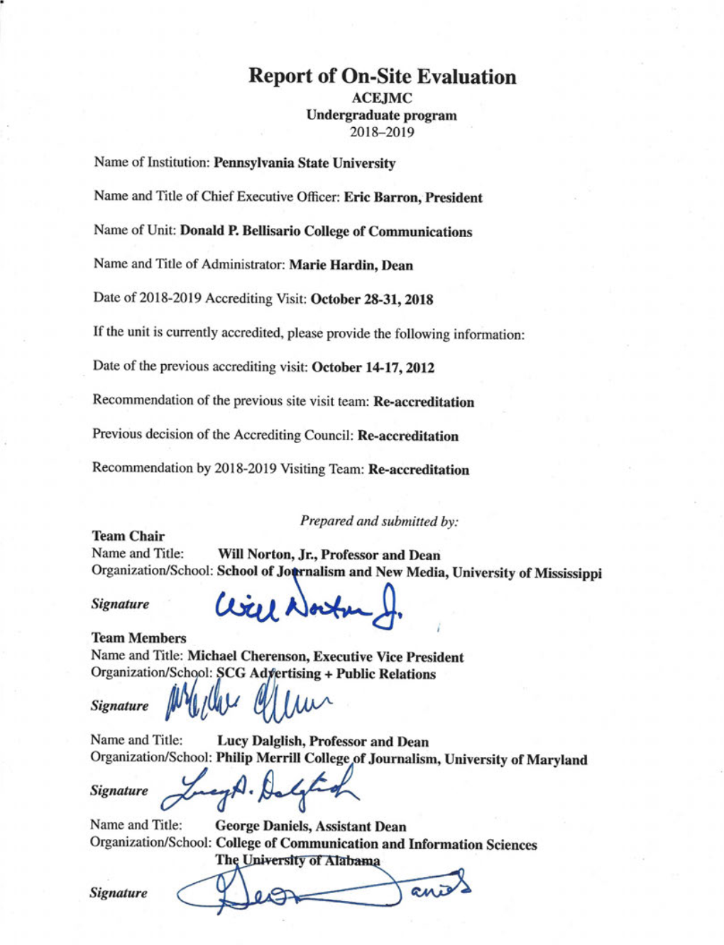 Report of On-Site Evaluation of Undergraduate Programs for 2018-2019 Visits