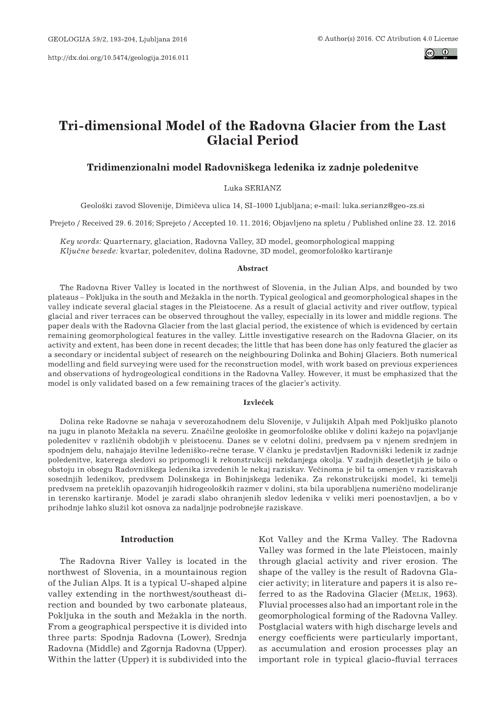 Tri-Dimensional Model of the Radovna Glacier from the Last Glacial Period