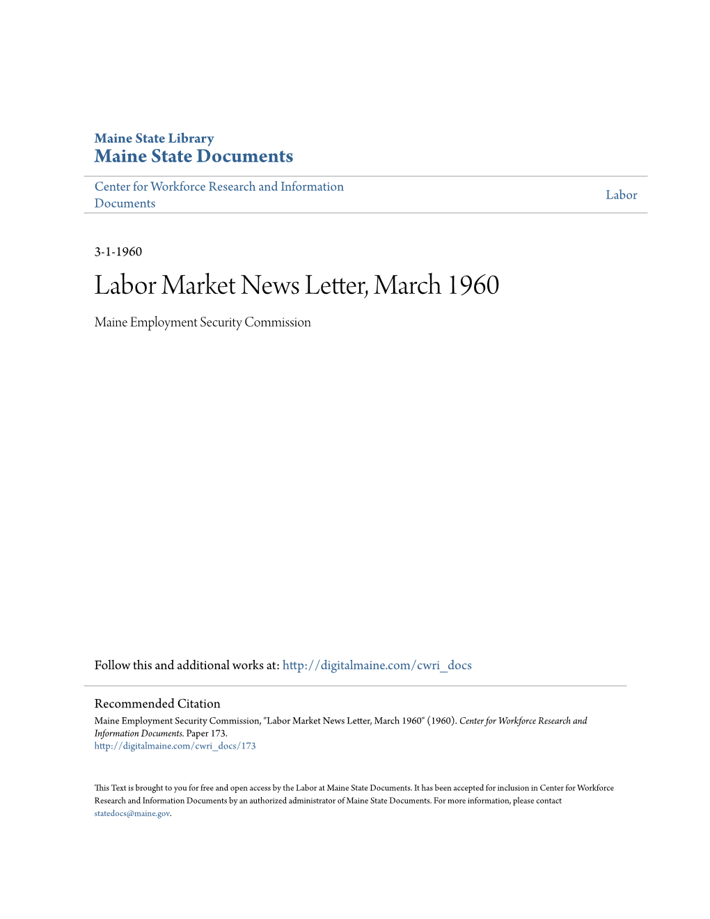 Labor Market News Letter, March 1960 Maine Employment Security Commission