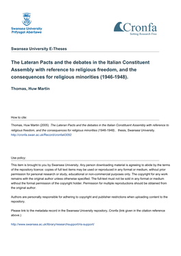 The Lateran Pacts and the Debates in the Italian Constituent Assembly with Reference to Religious Freedom, and the Consequences for Religious Minorities (1946-1948)